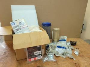 lot 59 image: Assorted Hinges, Hardware, Partial Box of Foam Sheets (15 x 11 x 12), Aluminum Wall Light and More - NO SHIPPING
