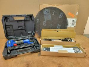 lot 62 image: DELTA Shopmaster Pneumatic Nailer Model DBS125, 16 Grade 60 Sanding Discs and (2) Electronic Ballasts Part No. LP1090-24-GG-299-DV