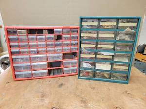 lot 64 image: (2) Parts Organizers w Hardware - Screws, Anchors, Hinges and More - 18 x 14 x 6 and 20 x 16 x 6 - NO SHIPPING
