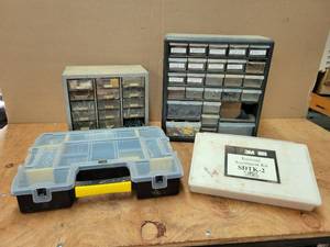 lot 65 image: (5) Parts Organizers w Hardware - Screws, Anchors, Hinges and More - (2) larger ones are about 13 x 12 x 6 and 10 x 9 x 6 - NO SHIPPING