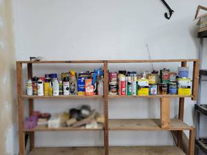 lot 77 image: Large Shelf Lot of Assorted Shop Chemicals, Spray Paint, Acetone, Stain and More - NO SHIPPING