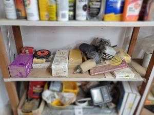 lot 79 image: Shelf Lot of Assorted Sandpaper, Steel Wool and More