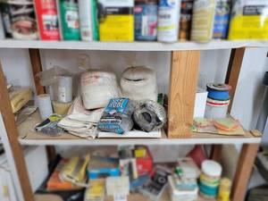 lot 80 image: Shelf Lot of Assorted Sandpaper, Steel Wool, Buffing Pads and More