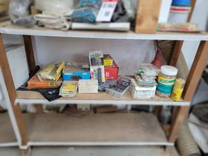 lot 81 image: Shelf Lot of Screws, Nails, Wood Biscuits, Heat Tape and More