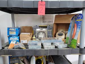 lot 157 image: Shelf Lot of Assorted Hardware and New in Package Tractor headlight - NO SHIPPING