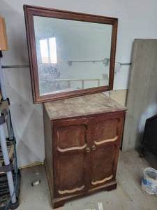 lot 175 image: Wood Garage Cabinet and Mirror - NO SHIPPING