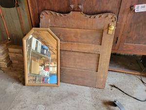 lot 262 image: Half Door with Carved Accents and Wall Mirror - Door Measures About 31 x 32 - NO SHIPPING