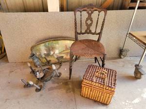 lot 265 image: Wood Chair with Rattan Seat, Picnic Basket, Framed Print, and Chandelier. Print Measures 30 x 16 - NO SHIPPING