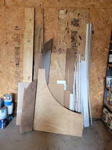 lot 266 image: Large Lot of Lumber, Plywood, Trim and More Against Wall - NO SHIPPING