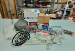 lot 276 image: Large Lot of Garage Supplies, Funnels, Bungee Cords, Smoke Alarm, Paint Mixing Bit and More - NO SHIPPING
