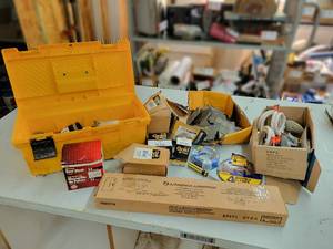 lot 292 image: Poly Toolbox w Plumbing Supplies, (2) New 7-14 Circular Saw Blades, Dust Masks, Filters, Lithonia Light and More - NO SHIPPING
