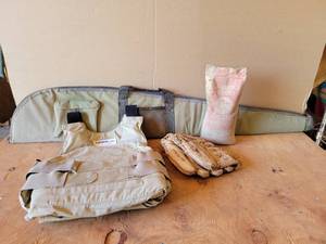 lot 313 image: Point Blank Body Armor Vest, Long Gun Case, 25# Sack of No. 7-12 Chilled Lead Shot, Baseball Glove - NO SHIPPING