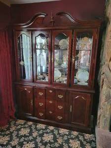lot 348 image: Beautiful Dark Wood China Hutch with Lights, Mirrors, and Ample Storage Beneath - Measures about 60 x 16 x 81 - NO SHIPPING