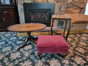 lot 351 image: Pair of Antique Wood Tables and an Ottoman - NO SHIPPING