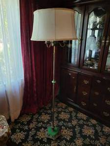 lot 352 image: Round Floor Lamp - Brass & Green Glass Accents - Measures 10 Wide at Base, 62 Tall. Fabric Shade Measures 16 diameter, Glass Shade Measures 10 Diameter - NO SHIPPING