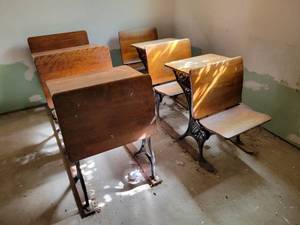 lot 353 image: (4) Vintage School Desks - Set on the Left Measures 24 wide x 68 long x 33 tall Set on the Right Measures 22 wide x 72 long x 32 tall - NO SHIPPING