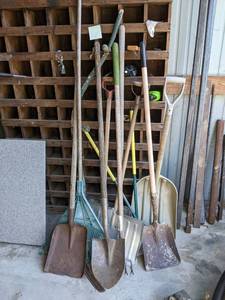 lot 229 image: Lot of Shovels, Rakes, Scythe and More - NO SHIPPING