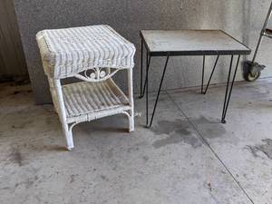 lot 237 image: Vintage Steel Patio Table (22 x 16 x 22), Wicker Table (16 x 16 x 22) - NO SHIPPING