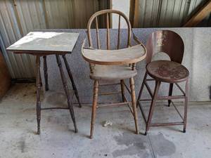 lot 239 image: Antique High Chair, Table and Vintage Metal Stool - NO SHIPPING