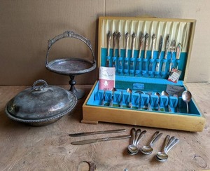 lot 240 image: Assorted Silverware in Box - Some Silverplated- And Silverplated Serving Pieces