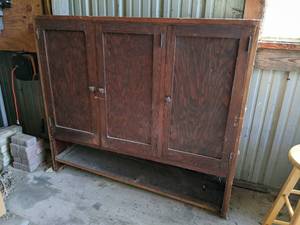 lot 245 image: Antique Wood 3-Door Cabinet w Shelves - Overall about 58 x 15 x 50-12 - NO SHIPPING