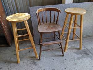 lot 246 image: (2) Wood Bar Stools (29 Tall) and Vintage High Chair - NO SHIPPING