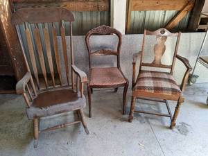 lot 256 image: Solid Wood Rocking Chair and (2) Antique Chairs - NO SHIPPING