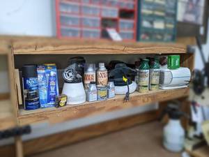 lot 320 image: Contents of Shelf - Gasket Maker, Spray Paint, Buffer, Wagner Power Sprayer, and MORE NO SHIPPING