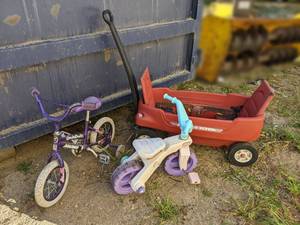 lot 327 image: Radio Flyer Wagon (Needs a good hose-down), Playskool 2-wheeled bike, and 12 Girls Bike with Training Wheels - NO SHIPPING
