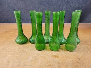 (8) Green Glass Bud Vases - 9 Tall Each