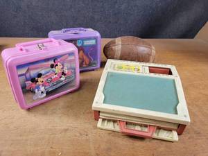 Vintage Fisher-Price School Days Desk, Lunch Boxes w thermoses and Vintage Football