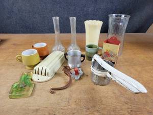 Vintage Kitchen Items, Fronzwood Vase, Bud Vases and More
