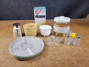 Vintage The Cracker Barrel Cracker Jar, Regaline Plates, Saltine Cracker Tin and More