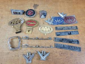 Collection of Car Plate Toppers and Emblems - V8, overdrive, Jose Motors Madelia MN, AAA, Ford and More