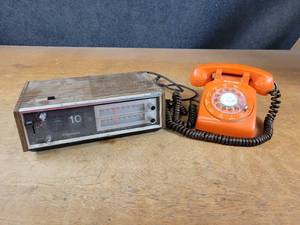 Vintage Panasonic Model RC-6530 Flip Alarm Clock and Vintage Orange Rotary Telephone