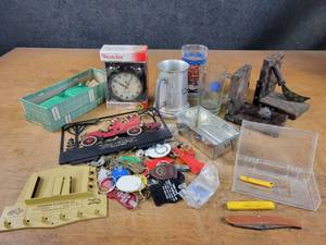 Lot of Assorted Vintage - EE Olson Furniture Co. Truman, MN Bookends, Keys, Pioneer Auto Museum Plate Topper, Alarm Clock, Model Car, Pocket Knives and More