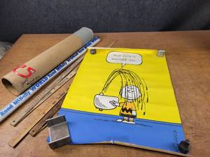 Vintage Charlie Brown Poster This Endeth Another Day Copyright 1950 (28 x 20), Rand McNally World Map, Assorted Advertising Yard Sticks
