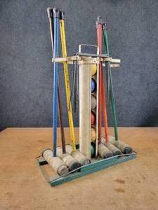 Vintage Croquet Set - Includes (6) Mallets, (6) Balls, Metal Stand and (7) Metal Hoops - NO SHIPPING