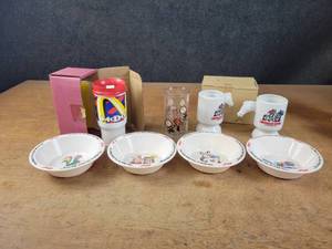 Kelloggs Cereal Bowl, 1950 Copyright Peanuts Glass, Vintage McDonalds Coffee Cup and (2) Canterbury Downs Mugs