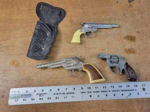 Lot of (3) Cap Guns and Holster - Hubley (Metal), Romanelli GM18 (Metal) and Redbox (Plastic)