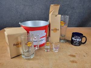 Tin Budweiser Bucket and Hard Rock Caf Glasses Collection