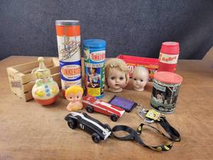 Vintage Tinker toys (1 Can Full), Doll Heads, Creepy Clown, Pinewood Derby Cars and More