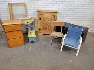 Solid Wood Cabinet - About 33 x 27 x 11 - Padded Chest, Childrens Chairs, Vintage window and More  - NO SHIPPING