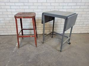 Vintage Steel Rolling Table (18 x 15 x 27 Folded Down) and Vintage Steel Shop Stool - 26 Tall - NO SHIPPING