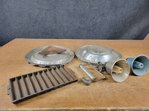 Cast Iron No.2 Corn Bread Pan, Vintage Hubcaps, Speaker Horns and More