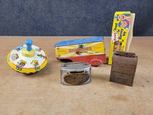 Cast Iron Mailbox Coin Bank, State Bank of LaSalle MN Bank, Ohio Art Tin Top, MARX Semi Trailer and Fred Flintstone Toy