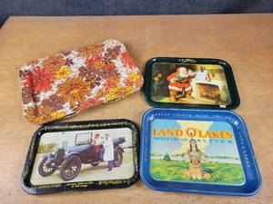 Land-O-Lakes Tray, Vintage Reproduction Coca-Cola tray, Lawrence Welk in 1914 Dodge Tray and TV Tray