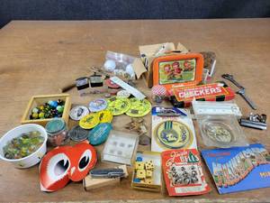 Vintage Marbles, Red Owl Sewing Needles, Buttons, Campbells Tray, Holiday Inn Ashtray, Coast-to-Coast Truman, MN Rain Gauge and More