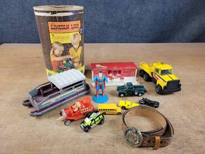 1984 HE-MAN Leather Belt and Buckle, Lincoln Logs Tin, Trucks, Vintage Mickey Mouse Friction fire engine and More