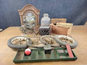 Vintage Wheels, Statue (Damaged), Cheese Boxes, Typewriter Ribbon Tin and More - NO SHIPPING